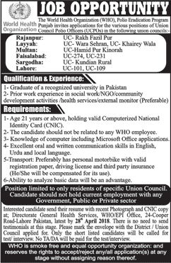 Union Council Polio Officer Jobs in WHO Punjab April 2018 World Health Organization Latest