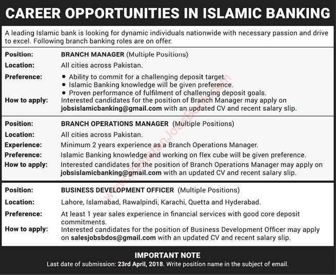 Bank Jobs in Pakistan April 2018 Branch / Operation Managers & Business Development Officers Latest