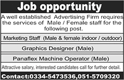 Advertising Agency Jobs in Islamabad / Rawalpindi 2018 April Marketing Staff & Others Latest
