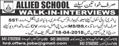 Allied Schools Lahore Jobs April 2018 Female Teachers Walk in Interviews Latest