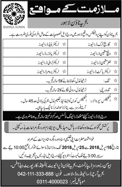 Bahria Town Lahore Jobs April 2018 Intelligence Supervisor, Drivers, Cook & Tandoorchi Latest