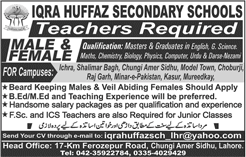 Teaching Jobs in Lahore April 2018 at Iqra Huffaz Secondary Schools Latest