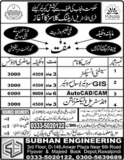 PSDF Free Courses in Rawalpindi April 2018 at Subhan Engineering Latest