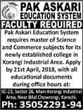 Teaching Faculty Jobs in Karachi April 2018 at Pak Askari Education System Latest
