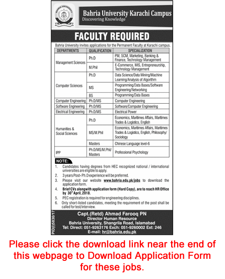 Teaching Faculty Jobs in Bahria University Karachi April 2018 Application Form Download Latest