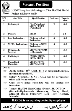 Hands NGO Jobs 2018 April Karachi Doctors, Lab Technicians & Others Latest