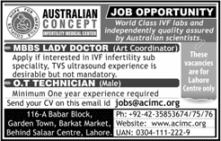 Australian Concept Infertility Medical Center Lahore Jobs 2018 April Lady Doctor & OT Technician Latest
