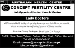 Lady Doctor Jobs in Concept Fertility Centre Karachi April 2018 Australian Health Centre Latest