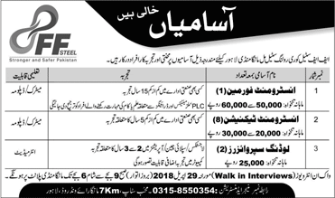 FF Steel Lahore Jobs April 2018 Instrument Technicians / Foreman & Loading Supervisors Walk in Interview Latest
