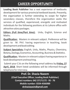 Editors & Subject Specialists Jobs in Lahore April 2018 Book Publisher Latest