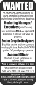 Advertising Agency Jobs in Lahore April 2018 Marketing Manager / Executives , Graphic Designers & Accounts Officer Latest