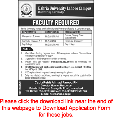 Bahria University Lahore Jobs April 2018 Teaching Faculty Application Form Download Latest