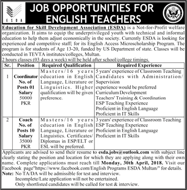 Education for Skills Development Associate Multan Jobs 2018 April Coaches & Coordinator ESDA Latest