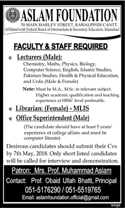 Aslam Foundation Rawalpindi Jobs 2018 April Lecturers, Librarian & Office Superintendent Latest