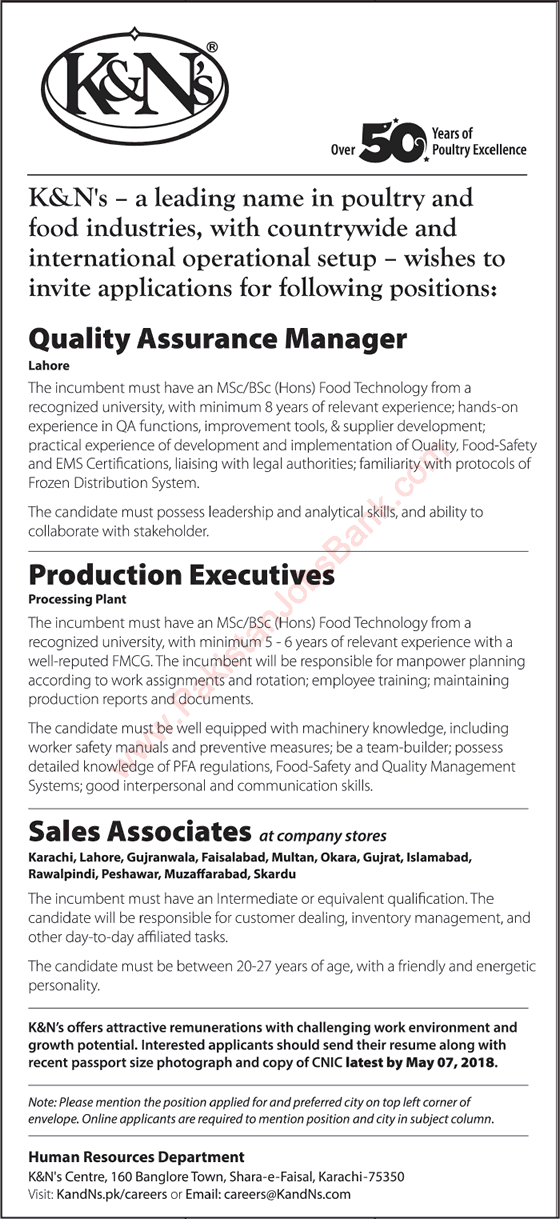 K&Ns Jobs 2018 April / May Sales Associates, Production Executives & QA Manager Latest