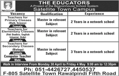 The Educators School Rawalpindi Jobs April 2018 May Teacher at Satellite Town Campus Walk in Interview Latest