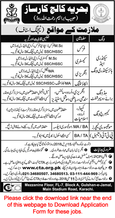 Bahria College Karsaz Karachi Jobs April 2018 May CTS Application Form Teachers & PTI Latest