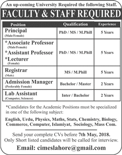 Teaching Faculty & Other Jobs in Lahore April 2018 May Latest
