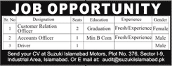 Suzuki Islamabad Motors Jobs April 2018 May Customer Relation / Accounts Officer & Driver Latest