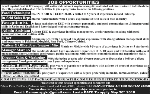 Food / IT Company Jobs in Rawalpindi / Islamabad2018 April / May Receptionist, Waiter, Office Boy & Others Latest