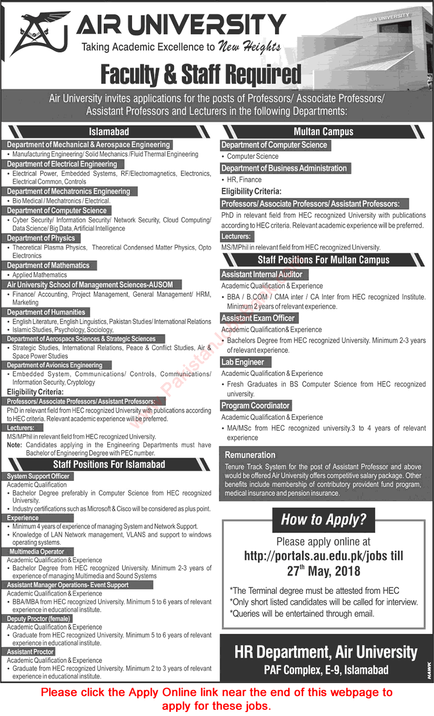 Air University Islamabad / Multan Jobs May 2018 Apply Online Teaching Faculty & Others Latest