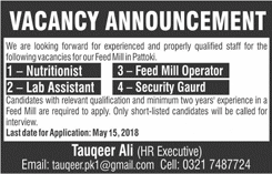 Lab Assistant, Feed Mill Operator & Other Jobs in Pattoki 2018 May Latest