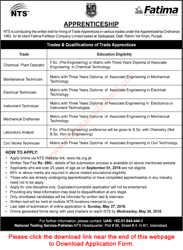 Fatima Fertilizer Apprenticeship 2018 May NTS Online Application Form FFCL Latest