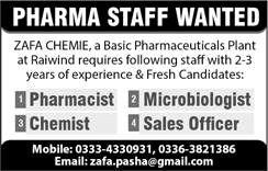 Zafa Chemie Lahore Jobs 2018 May Pharmacist, Chemist, Microbiologist & Sales Officer Latest