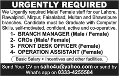 Customer Relations Officers, Branch Manager & Other Jobs in Punjab May 2018 Latest