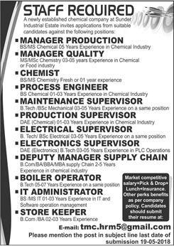 Chemical Company Jobs in Lahore 2018 May Electrical / Electronic Supervisors & Others Latest