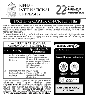 Riphah International University Rawalpindi Jobs May 2018 Teaching Faculty Latest