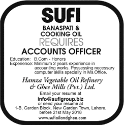 Accounts Officer Jobs in Sufi Group Lahore 2018 May Hamza Vegetable Oil Refinery & Ghee Mills Latest