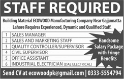 Office Assistant, Civil Supervisor & Other Jobs in Lahore 2018 May Ecowood Manufacturing Company Latest