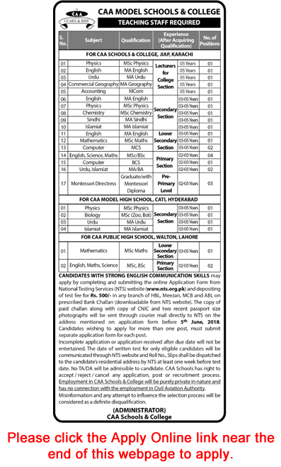 CAA Model Schools and Colleges Jobs 2018 May NTS Online Application Form Teachers Faculty Latest