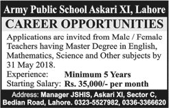 Teaching Jobs in Lahore May 2018 at Army Public School Latest