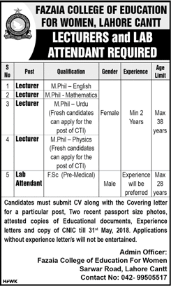 Fazaia College of Education for Women Lahore Jobs 2018 May Lecturers & Lab Attendant Latest