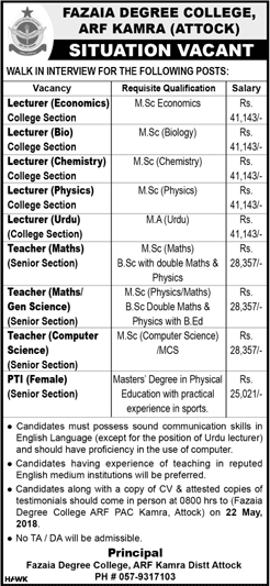 Fazaia Degree College ARF Kamra Attock Jobs 2018 May Lecturers, Teachers & PTI Walk in Interview Latest