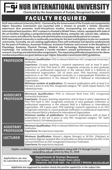 Nur International University Lahore Jobs May 2018 Teaching Faculty Latest