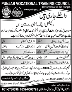 Punjab Vocational Training Institute Multan Free Courses 2018 May PVTC Latest