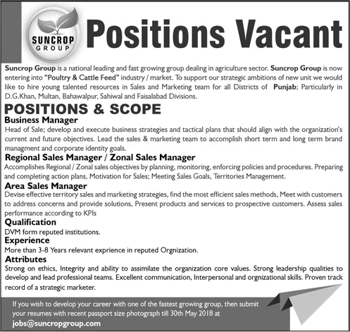 Suncrop Group Punjab Jobs 2018 May Sales & Business Managers Latest