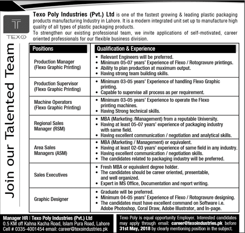Texo Poly Industries Pvt Ltd Lahore Jobs 2018 May Sales Executives, Graphic Designer & Others Latest