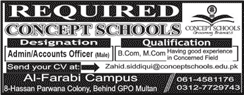 Admin / Accounts Officer Jobs in Multan May 2018 at Concept School Al-Farabi Campus Latest