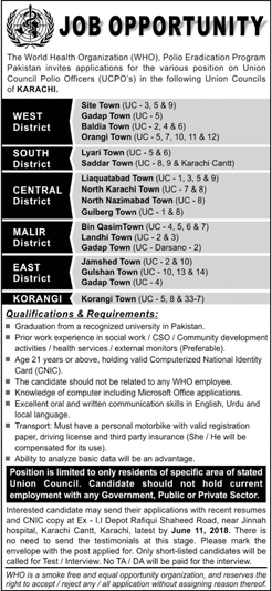 Union Council Polio Officer Jobs in Karachi 2018 May WHO Polio Eradication Program Latest