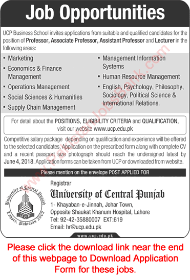 University of Central Punjab Lahore Jobs May 2018 Application Form Teaching Faculty Latest
