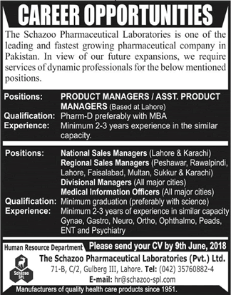 The Schazoo Pharmaceutical Laboratories Pakistan Jobs May 2018 Sales Managers & Others Latest