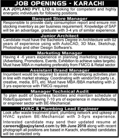 AA Joyland Pvt Ltd Karachi Jobs May 2018 Marketing Manager, Architect & Others Latest