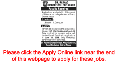 Dr Rashad Degree College Khaur Jobs 2018 May Apply Online Lecturers & Clerk Latest