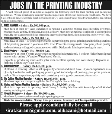 Press Supervisor, Graphic Designer & Other Jobs in Lahore 2018 May Latest