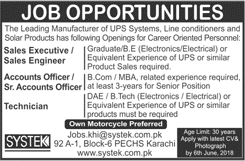 Systek Pvt Ltd Karachi Jobs 2018 May Sales Executive / Engineer, Accounts Officers & Technicians Latest