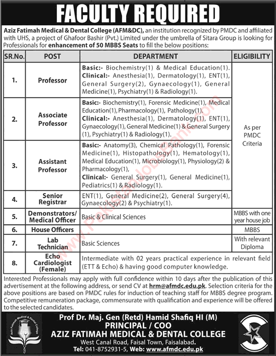 Aziz Fatimah Medical and Dental College Faisalabad Jobs June 2018 Teaching Faculty & Others Latest